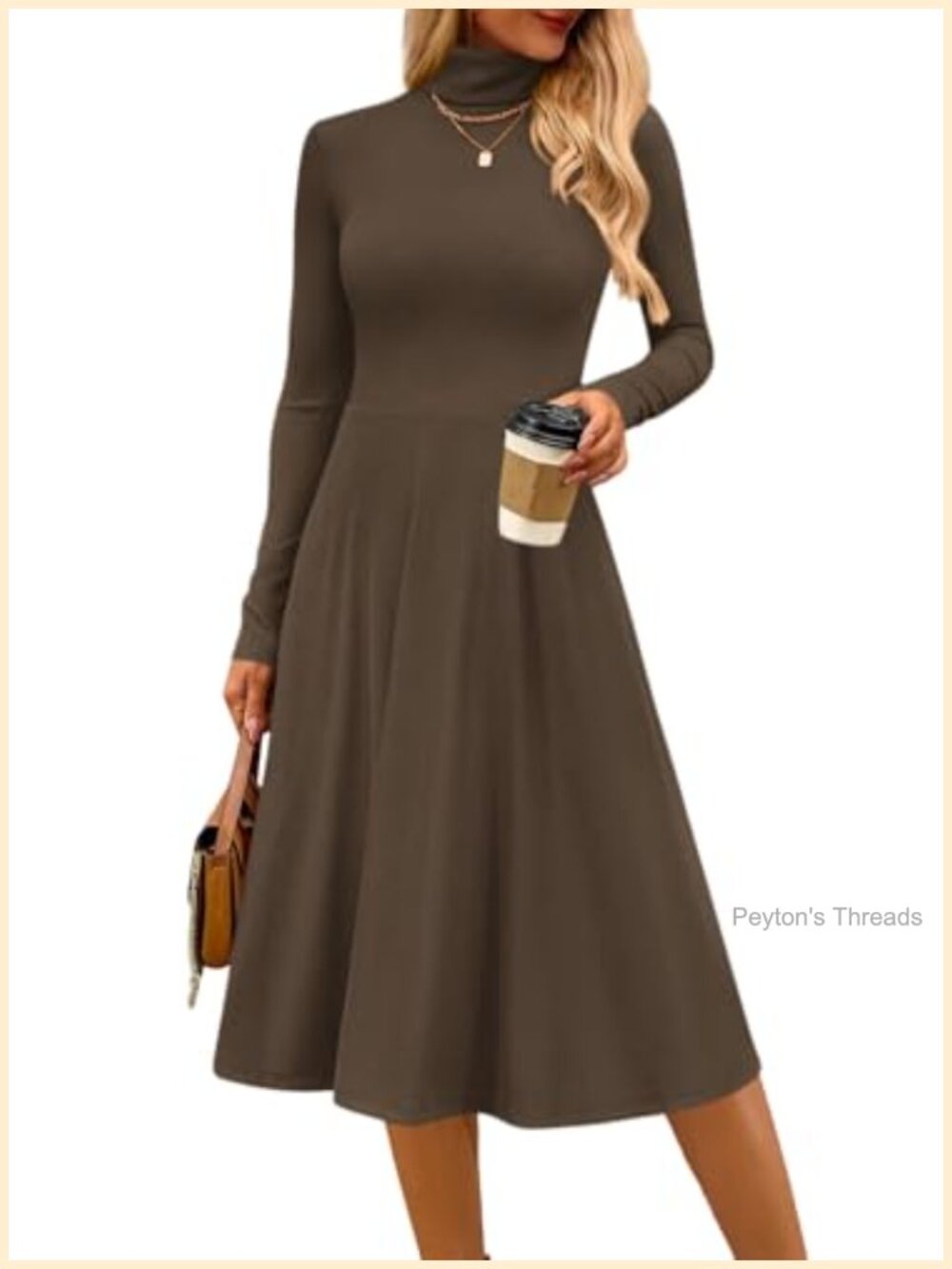 Womens Long Sleeve Turtleneck Midi Dress A Line Flowy Fall